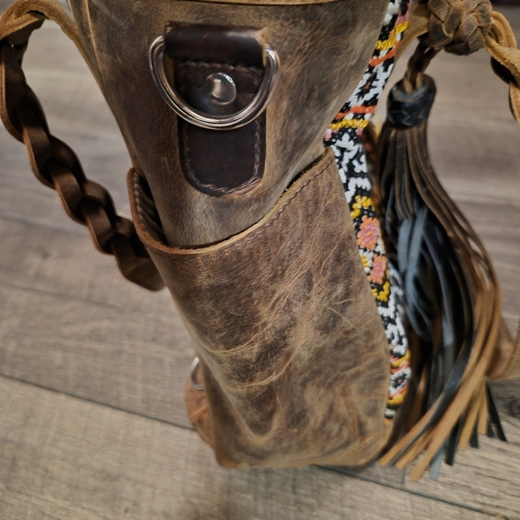 Distressed Leather Artisan Patterned Brown and Black Shoulder Bag - Picture 5 of 14